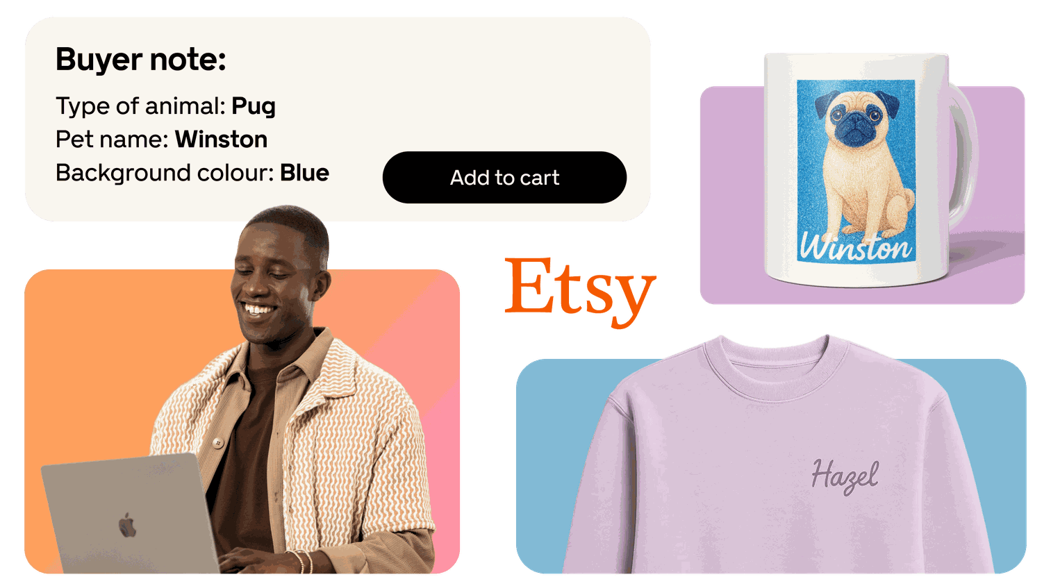 Etsy collage: buyer note for a pug named Winston, custom mug with pug on blue background, smiling man with laptop, 'Hazel' sweatshirt.