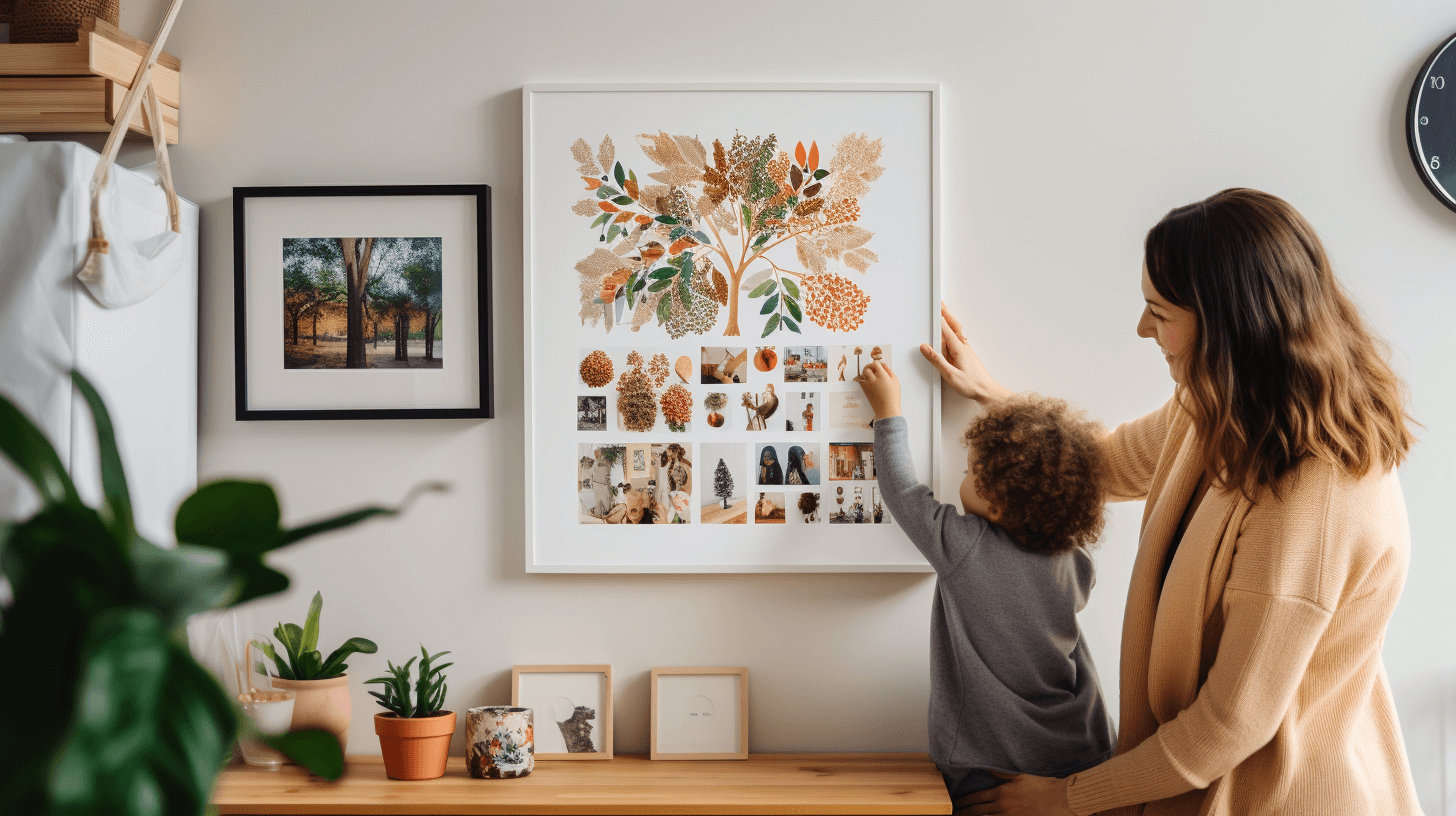 Mother arranging family collage