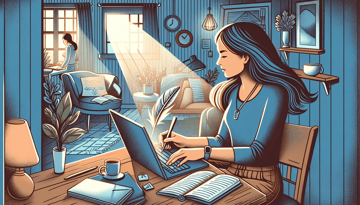 a woman working at home with a laptop and notebook