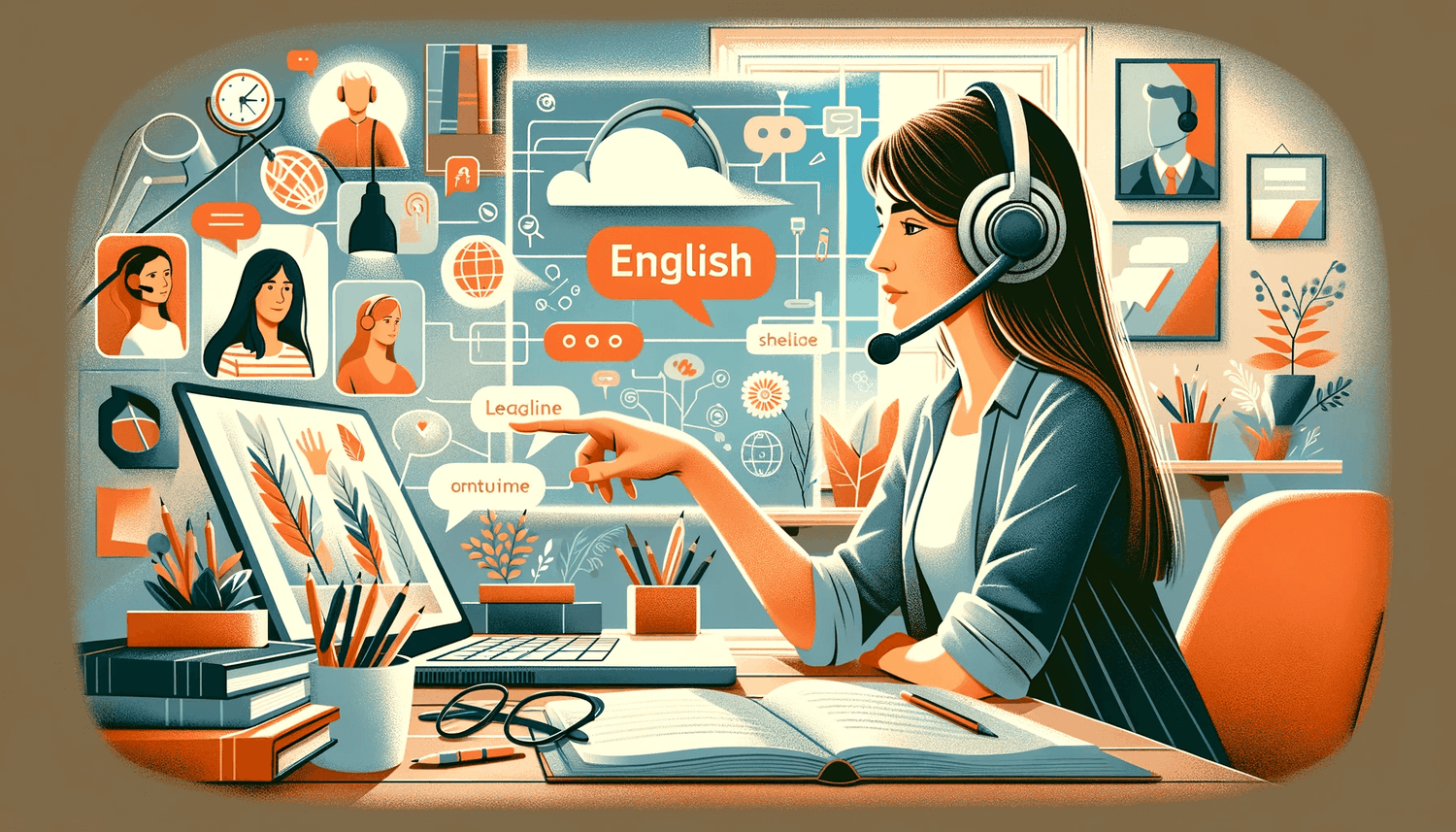a woman teaching English online with a headset and laptop