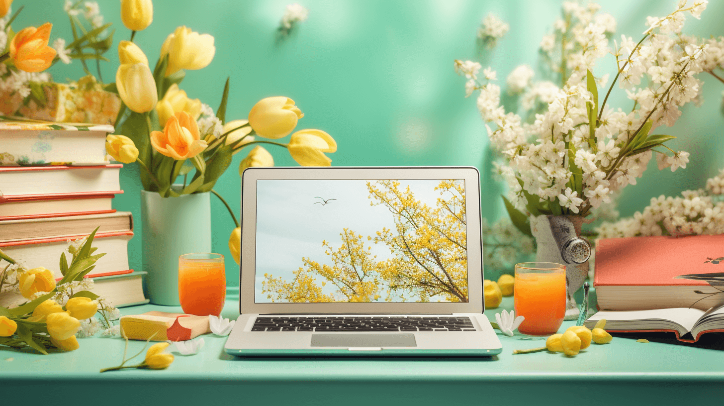 an ecommerce storefront with a spring backdrop/decorated with spring elements