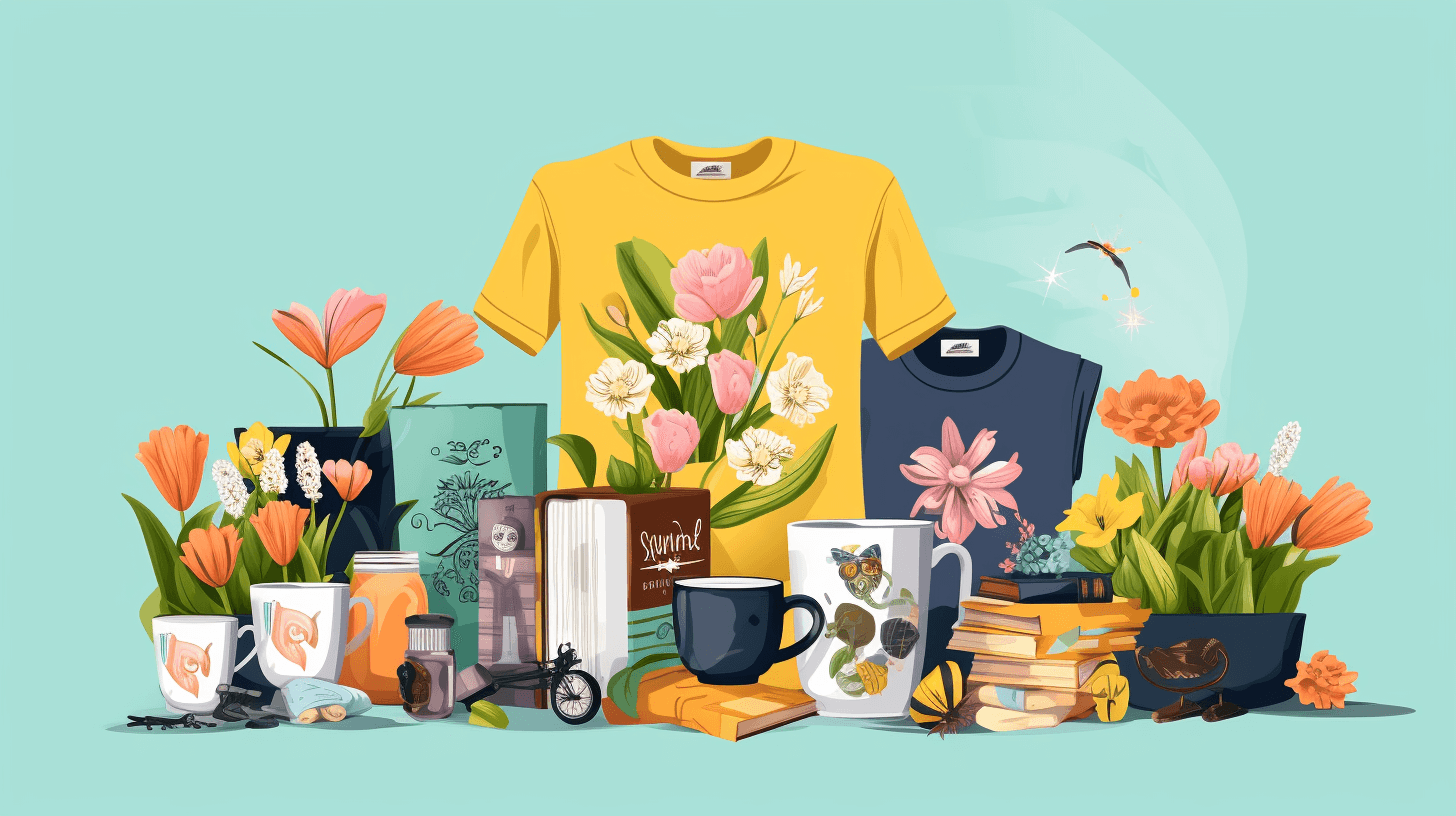 infographic highlighting the top nine marketing ideas for spring / a collection of products customized with spring-themed designs