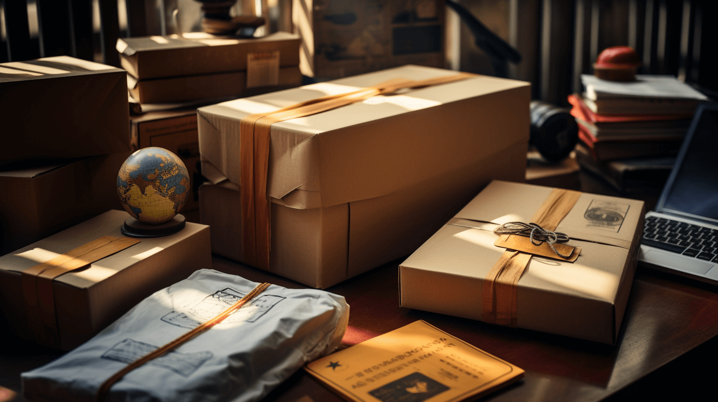 global ecommerce shipping elements like packages and customs paperwork