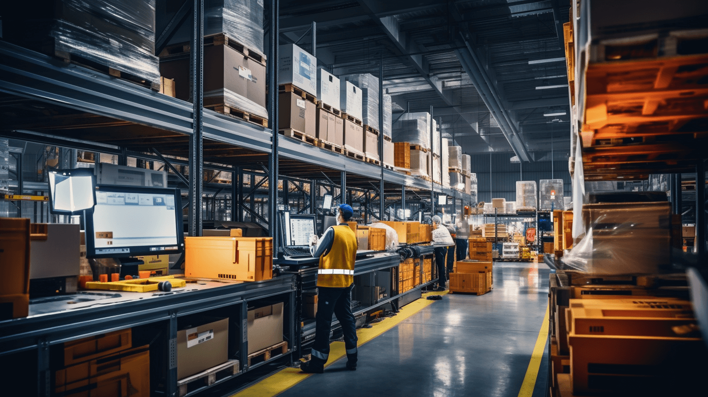 a warehouse with automated sorting systems and digital inventory tracking displays