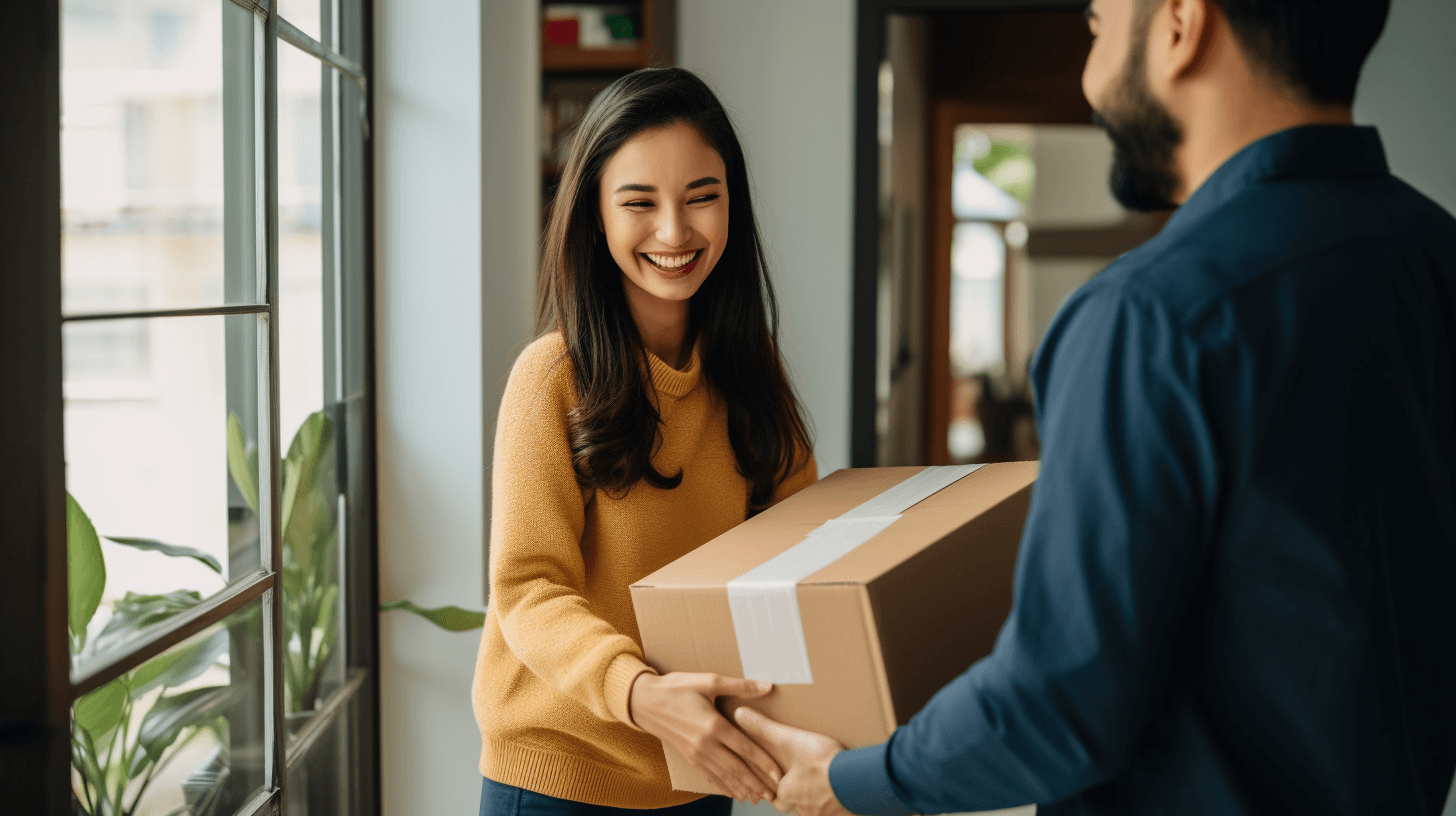 a satisfied customer receiving a well-packaged product with a fast and reliable delivery service