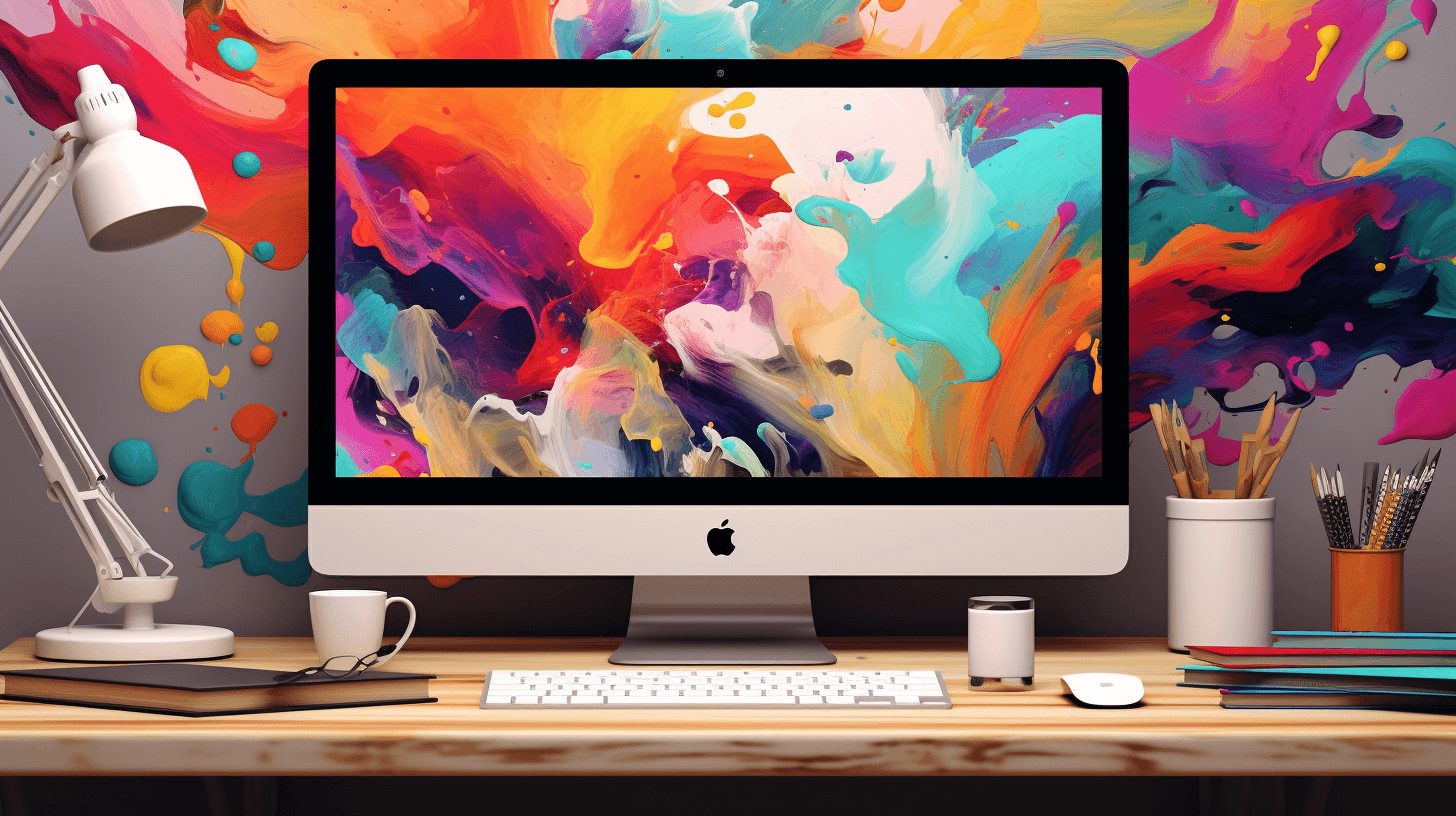 an artistically designed workspace with a computer screen displaying a vibrant AI-generated image