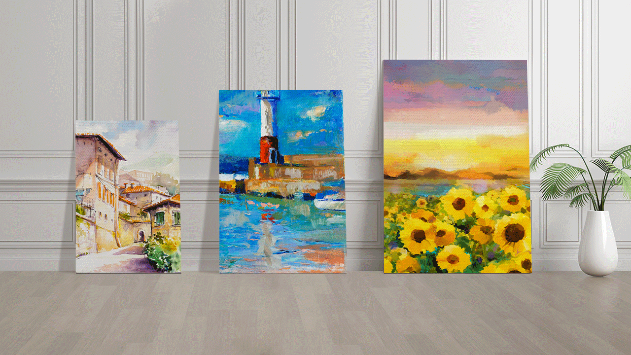 Colorful canvases of different sizes