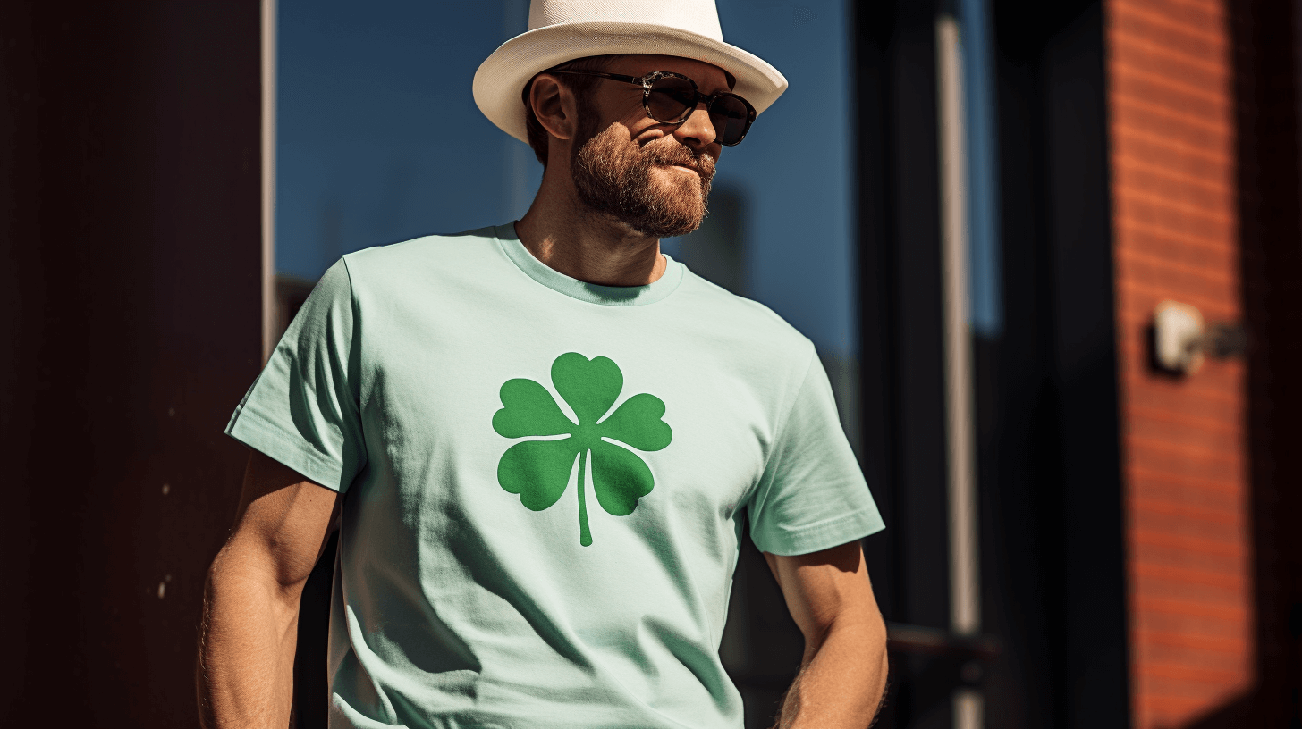 Man in sunglasses and white hat wearing a light blue T-shirt with a large green four-leaf clover design, standing outdoors.