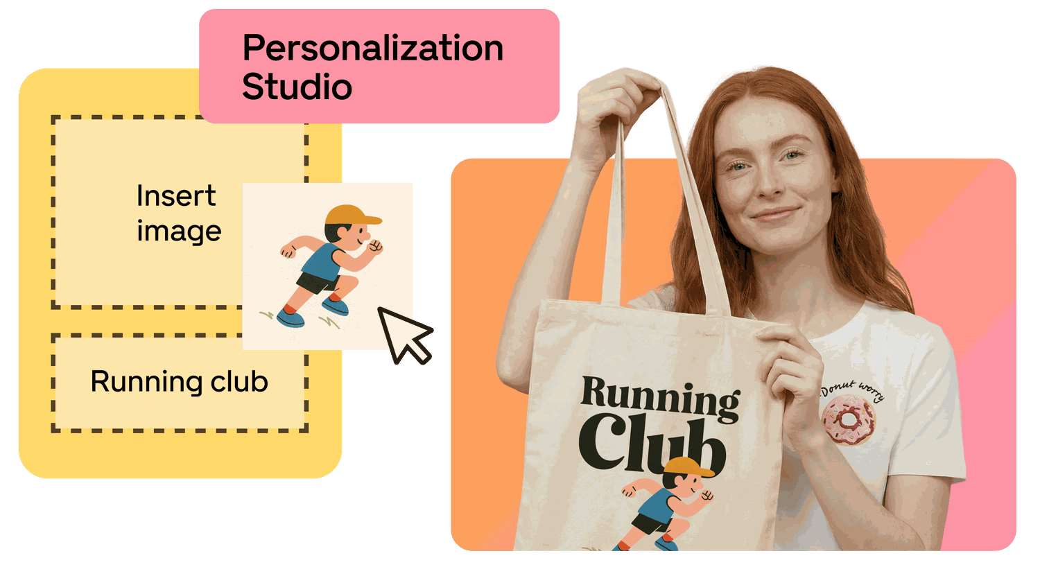 Young woman holding a tote bag printed "Running Club" with a runner graphic; left shows a colorful "Personalization Studio" UI with a cursor dragging the image.