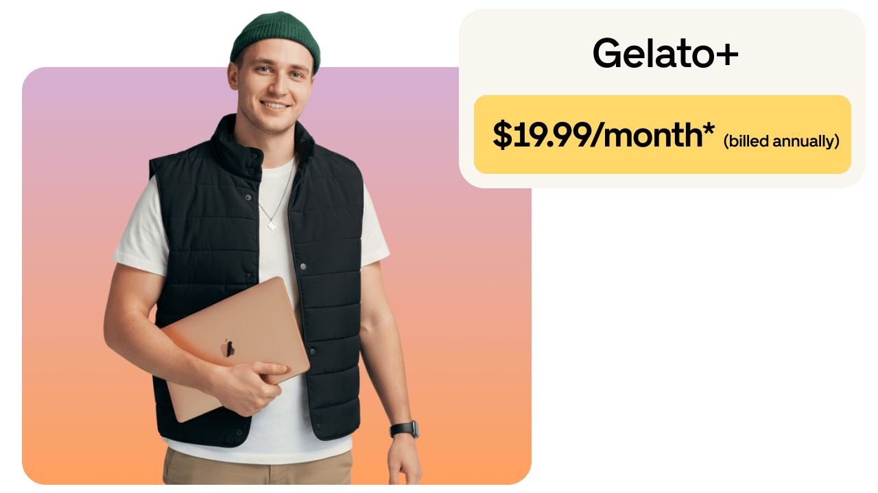 Smiling person holding a laptop, wearing a beanie and vest, next to text: "Gelato+ $19.99/month* (billed annually)."