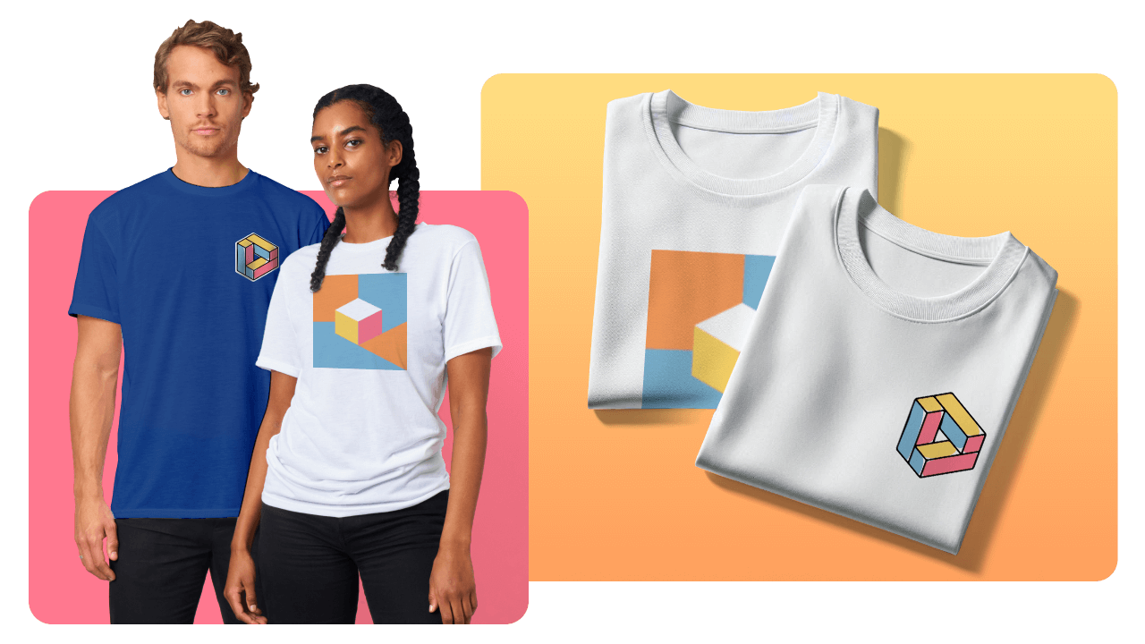 Two models wearing geometric design t-shirts; one blue, one white. Nearby, two folded shirts with similar designs on a gradient background.