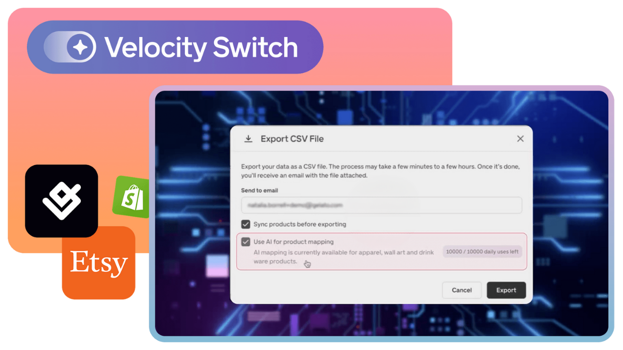 A digital interface showing an "Export CSV File" dialog box with options, overlaid on logos of Velocity Switch, Etsy, and Shopify.