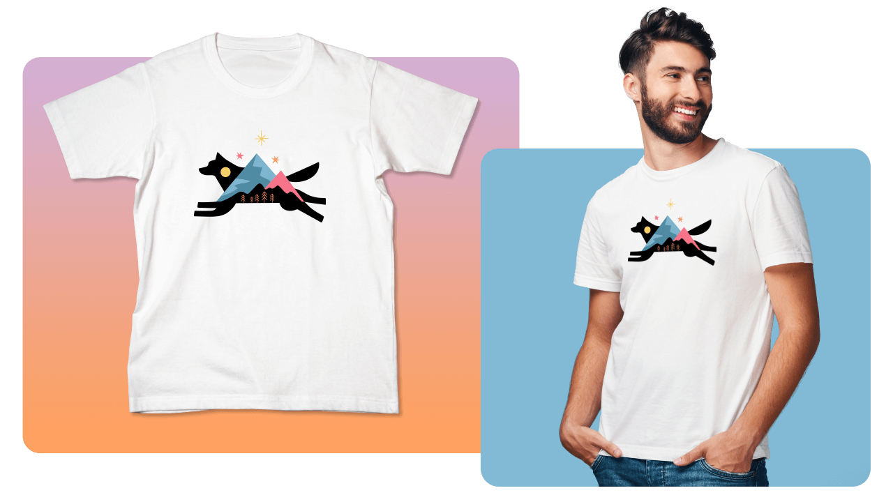 Man wearing a white T-shirt with a geometric fox design, standing against a blue background. Another T-shirt is displayed on a gradient background.