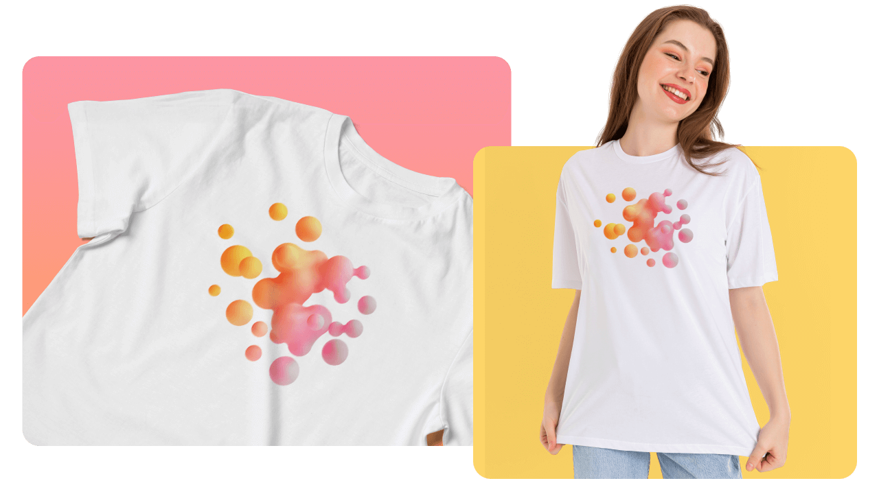 Woman in a white T-shirt with colorful bubble design, smiling against a yellow background. Close-up of shirt on the left.