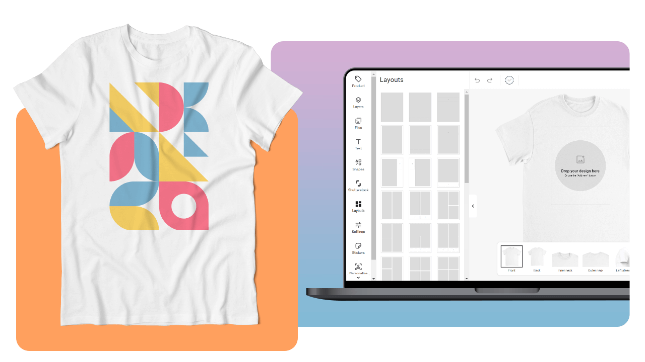 A white T-shirt with colorful geometric shapes next to a laptop displaying a design software interface.