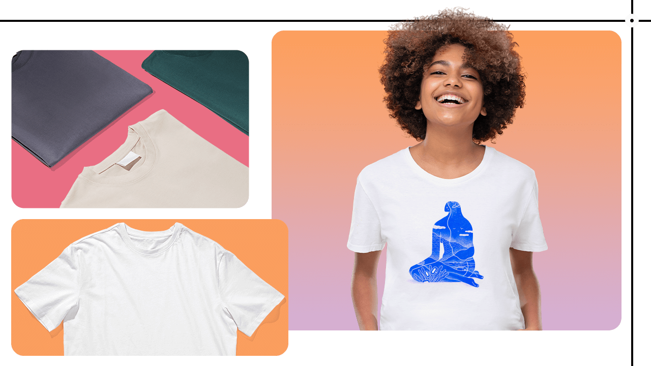 Smiling person wearing a white T-shirt with a blue graphic. Nearby, folded T-shirts in various colors on a pink and orange background.
