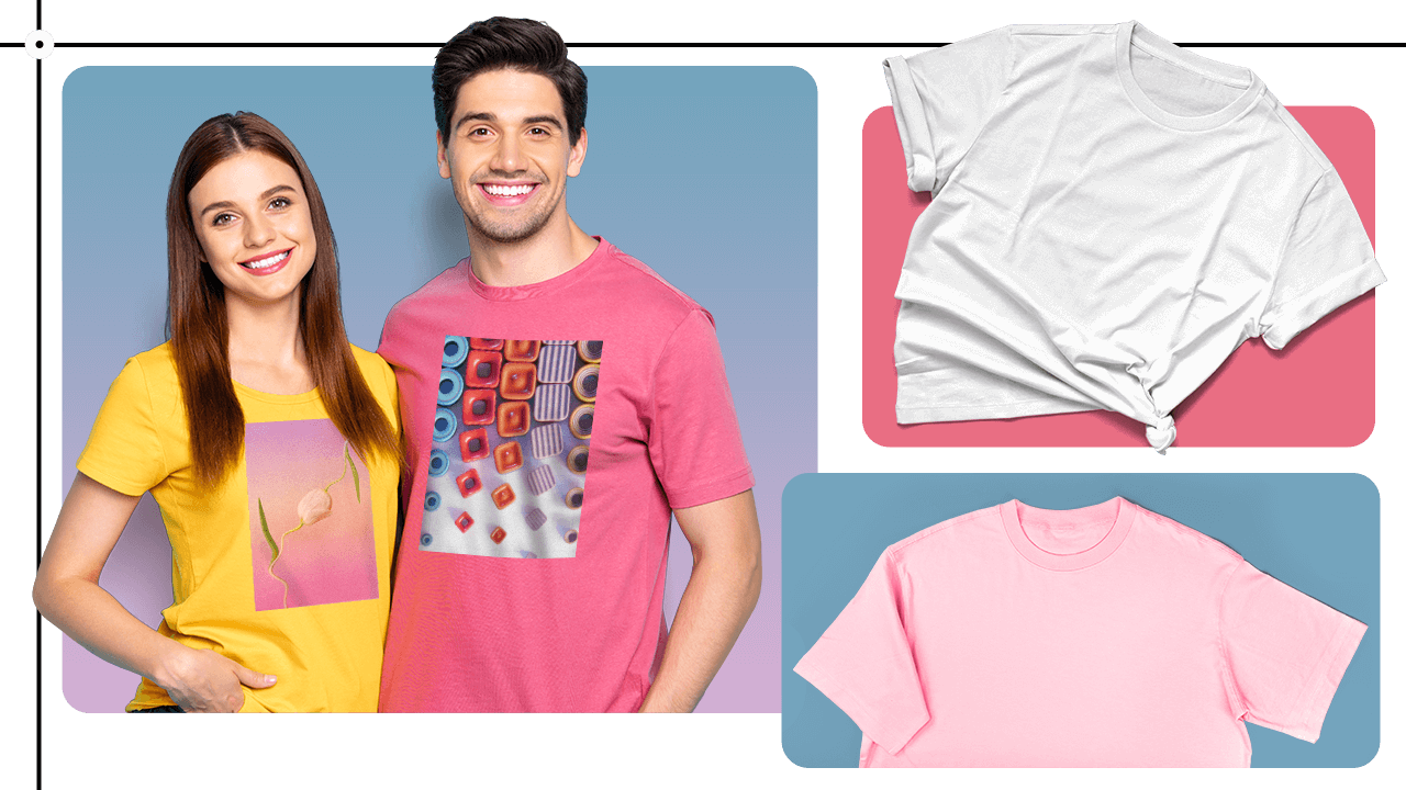 Smiling couple in colorful graphic tees; yellow and pink. Nearby, white and pink plain shirts on a pastel background.