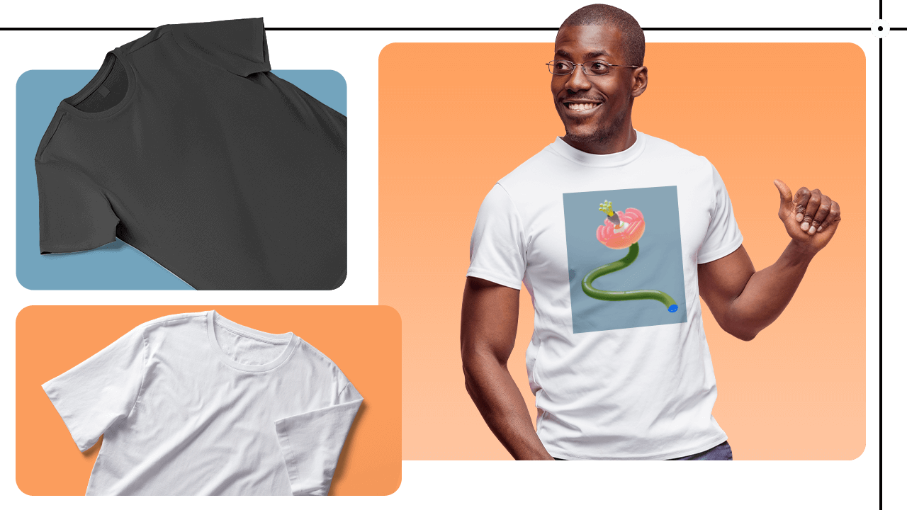 Man in a white T-shirt with a snake and tomato design, smiling and gesturing. Two plain T-shirts are displayed on the left.