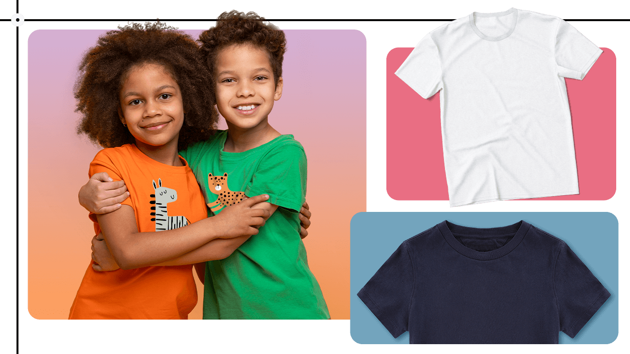 Two smiling children in colorful shirts hug, with three plain T-shirts displayed on the side: white, navy, and red backgrounds.