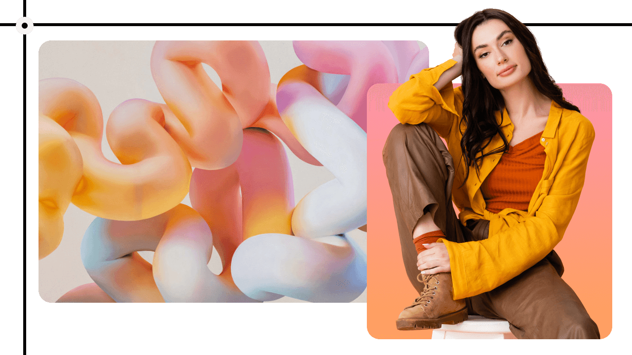 A woman in a yellow jacket and brown pants sits confidently. Beside her, colorful abstract shapes intertwine in a soft, pastel palette.