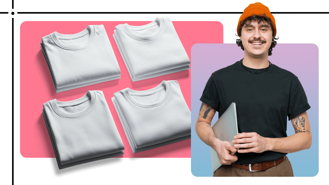 A smiling person in a black shirt and orange beanie holds a laptop. Four folded gray shirts are displayed on a pink background.