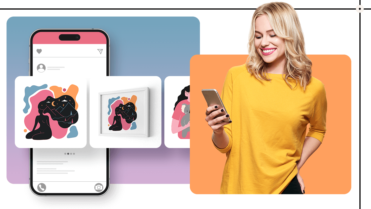 Woman in a yellow sweater smiles at her phone. Beside her, a smartphone displays colorful abstract artwork on its screen.
