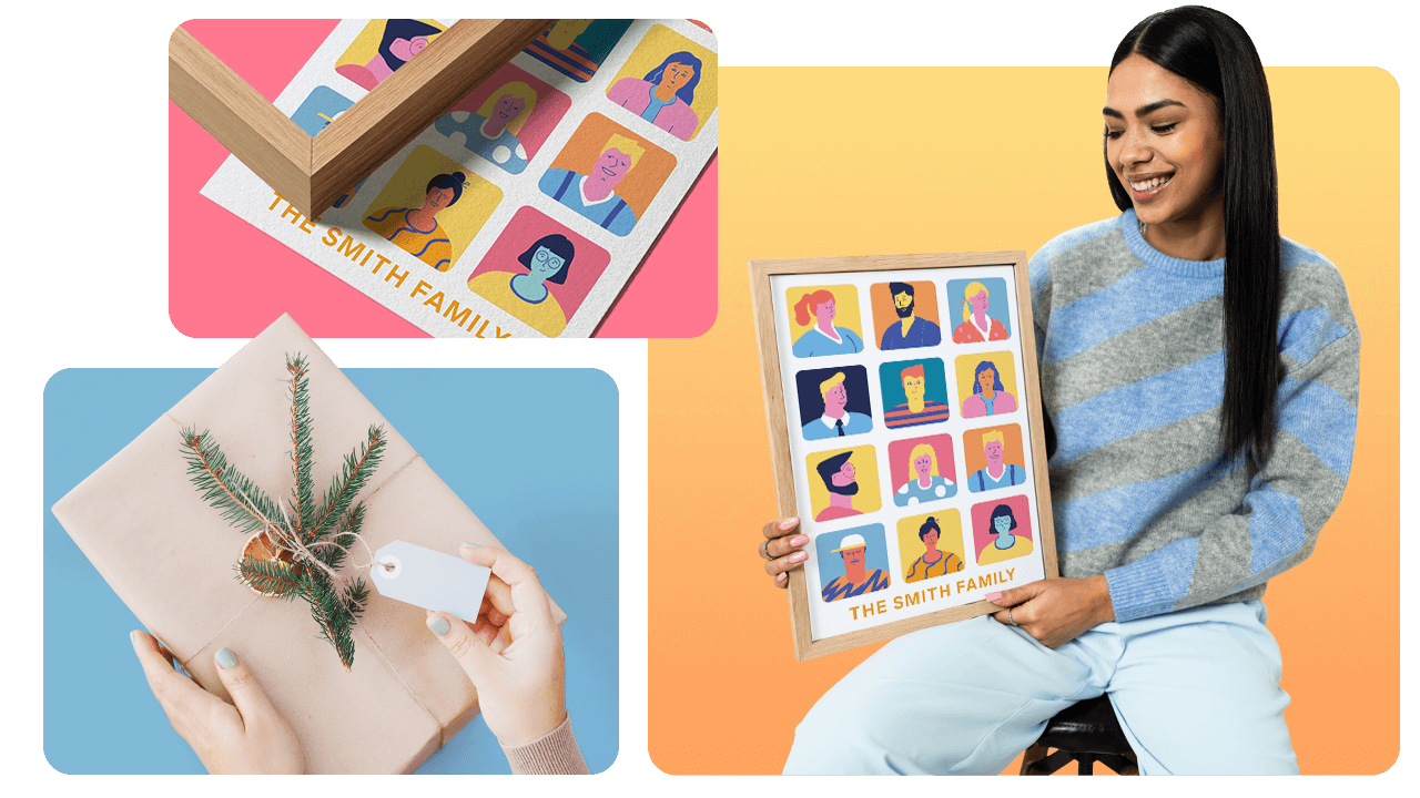 A woman smiles while holding a framed family portrait. Nearby are images of a gift being wrapped and a close-up of the portrait.