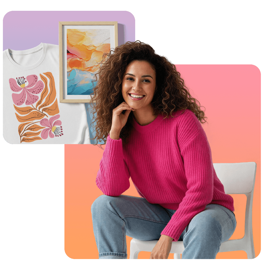 Smiling woman in pink sweater sits on chair; behind her, a floral shirt and abstract painting on a colorful gradient background.