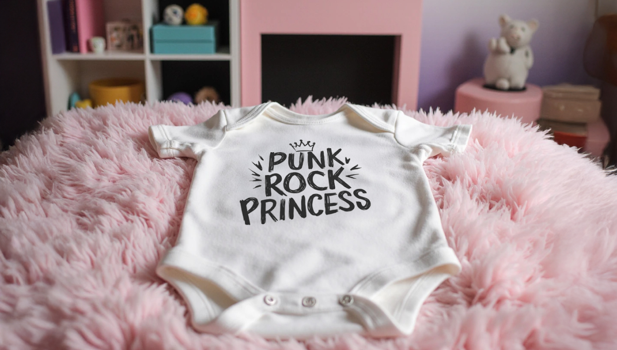 A white baby onesie with "Punk Rock Princess" printed on it, placed on a fluffy pink surface, with toys and shelves in the background.