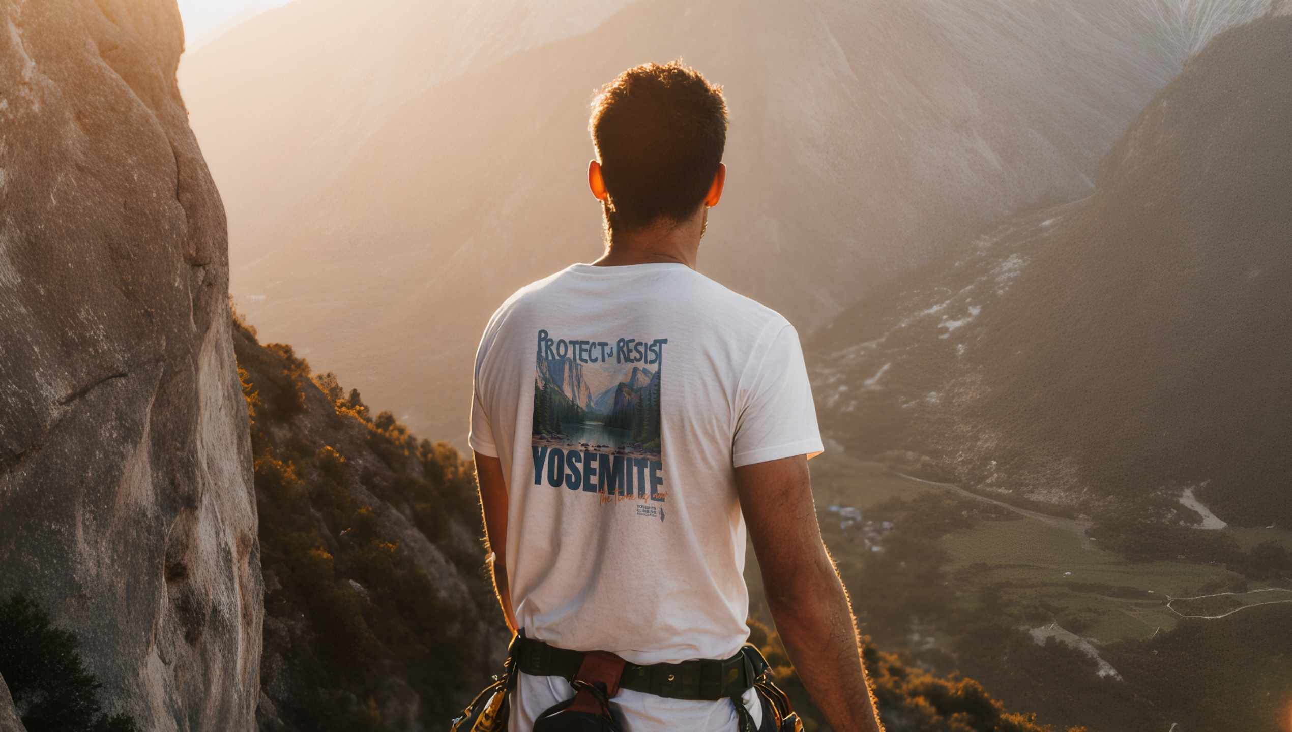 Man wearing a t-shirt from Yosemite Climbing Association