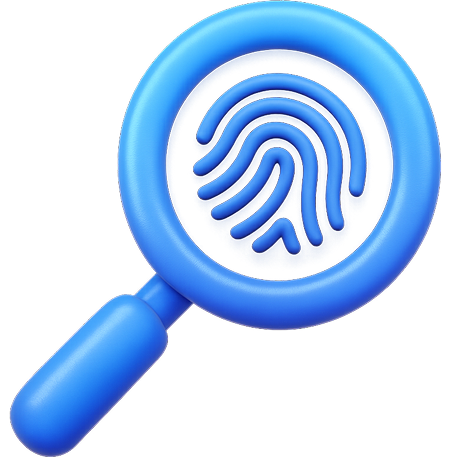 A blue magnifying glass with a fingerprint inside, symbolizing identity verification or security analysis.