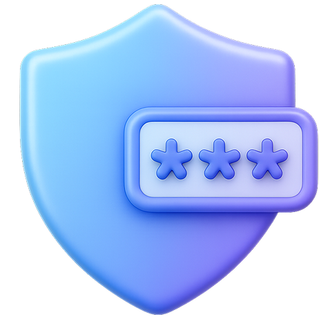 A blue shield icon with a password symbol, featuring four asterisks, representing security and protection.