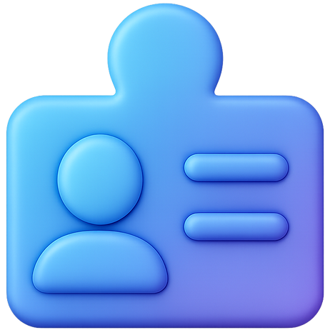 Blue 3D icon of an ID card with a person silhouette and horizontal lines representing text.
