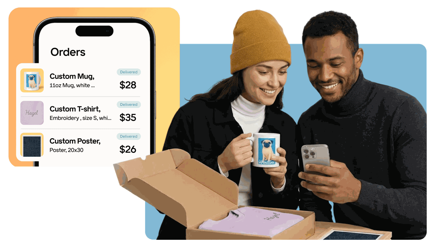 Smiling couple unboxing custom merchandise: woman holds a printed mug, man checks phone; open box with a T-shirt and an on-screen order list.