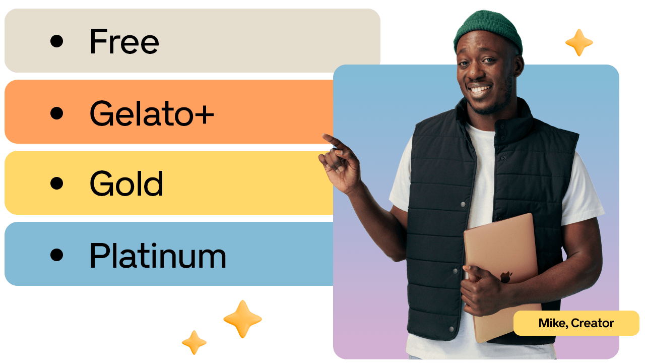Man in a black vest holding a laptop, pointing at a list of subscription plans: Free, Gelato+, Gold, Platinum. Text label: "Mike, Creator."