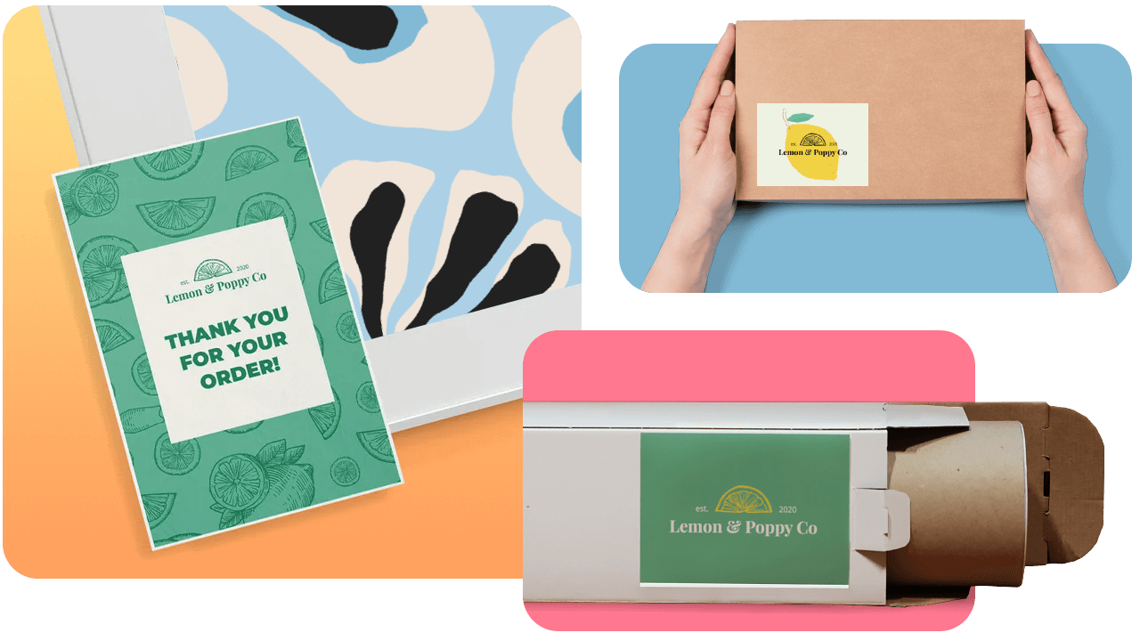 Colorful thank you card, hands holding a box with a lemon logo, and a box with a green Lemon & Poppy Co label on pastel backgrounds.