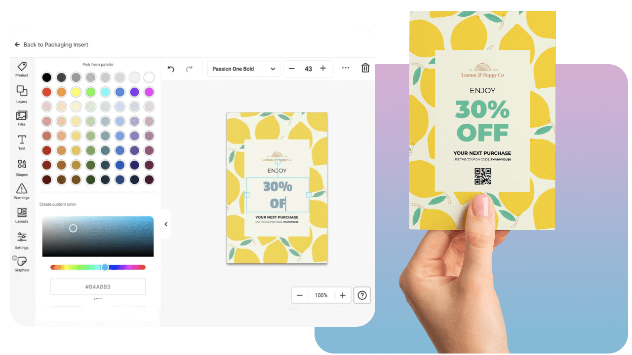 Hand holding a lemon-themed card with "Enjoy 30% Off" text; design software interface visible in the background.