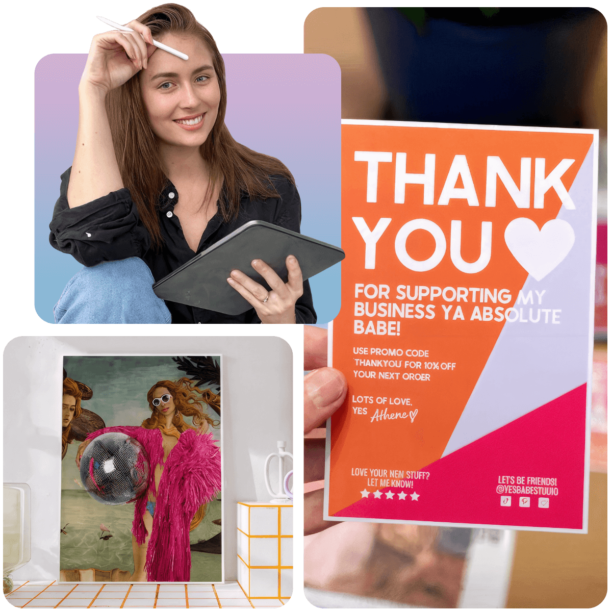 A woman holding a tablet and stylus, a "Thank You" card with a promo code, and a colorful art print with a disco ball.