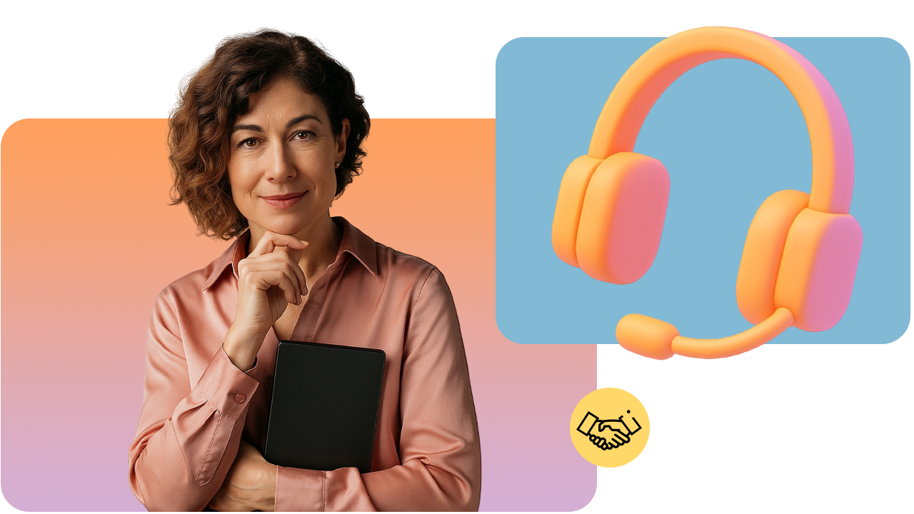 Woman in a pink shirt holding a tablet, next to an illustration of orange headphones on a blue background with a handshake icon below.