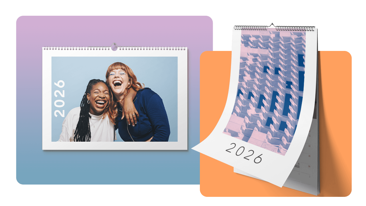 Two 2026 calendars: one with laughing friends on a purple background, another with a geometric design on an orange background.