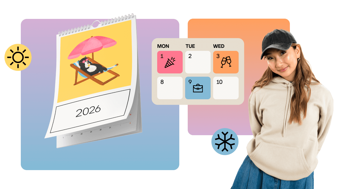 A woman in a hoodie and cap stands next to a 2026 calendar showing a beach scene and a planner with icons for various activities.
