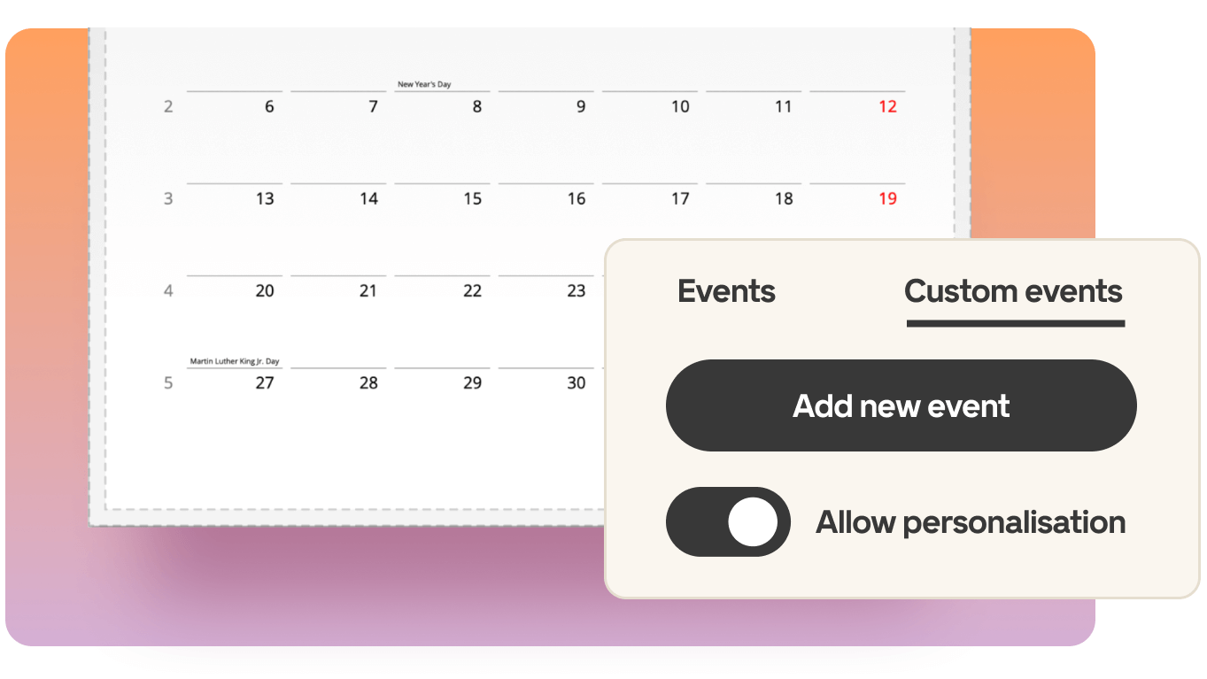 A digital calendar interface showing January 2023, with options for adding new events and toggling personalization.