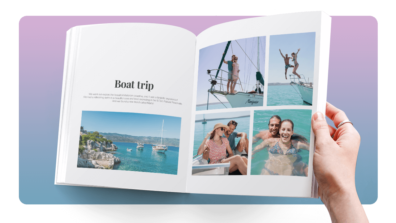 Open book showing a "Boat trip" theme with photos of a sailboat, people swimming, and enjoying a sunny day on the water.