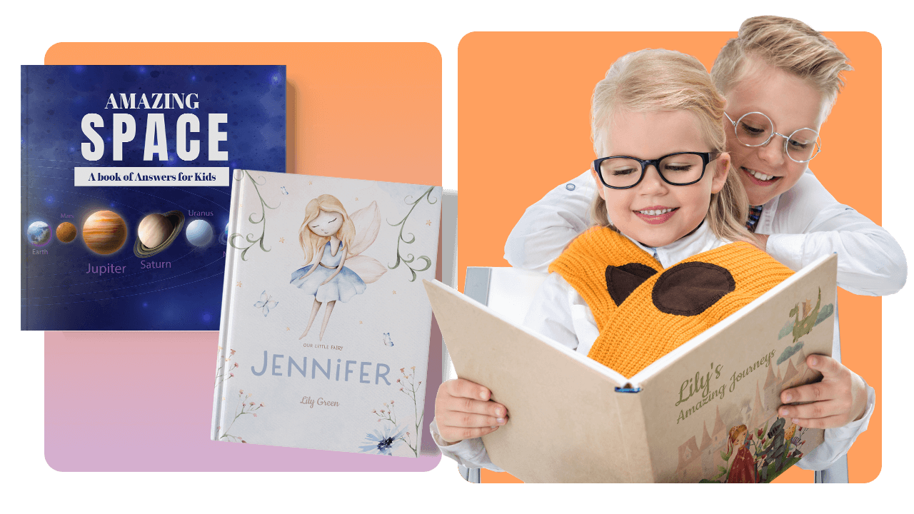 Two children reading a book together, with two other books displayed: "Amazing Space" and "Jennifer."