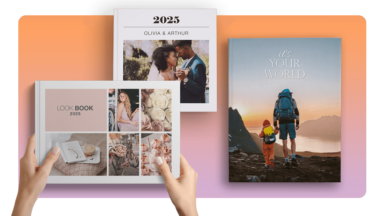 Three photo books on a gradient background: a wedding album, a travel book with hikers, and a lookbook with a collage of images.