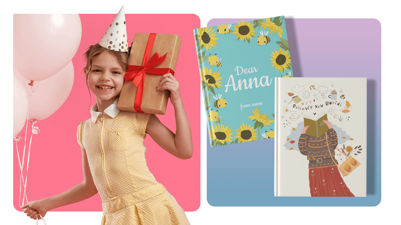 A smiling girl in a party hat holds balloons and a gift. Two books with colorful covers are displayed beside her.