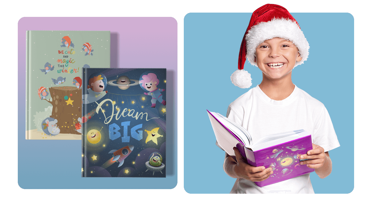 A child in a Santa hat smiles while holding an open book. Two illustrated children's books are displayed beside him.