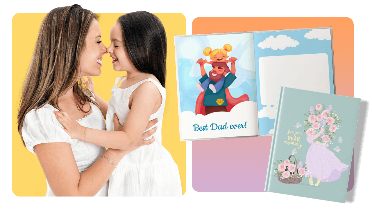 A mother and daughter smiling, touching noses. Nearby are colorful greeting cards with "Best Dad ever!" and "For you, dear mommy" designs.