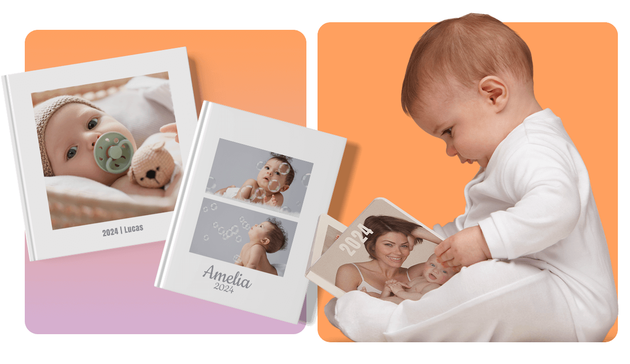 A baby in white pajamas sits and looks at photo books featuring infants, with covers labeled "2024 | Lucas" and "Amelia 2024."