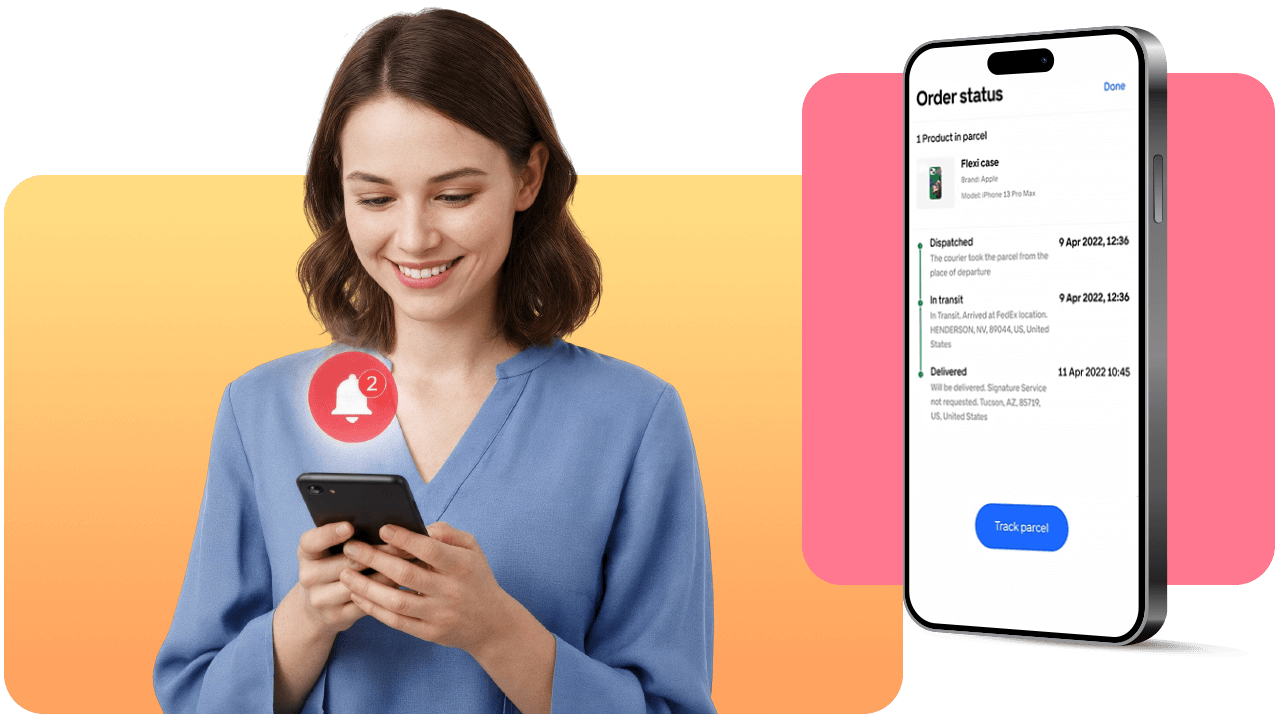 A woman smiles at her phone with a notification icon, next to a smartphone screen showing an order status and delivery tracking information.